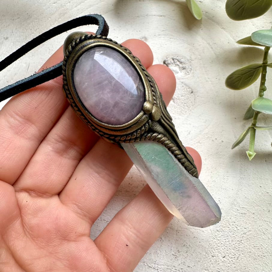 Angel aura quartz and rose quartz necklace, handmade healing crystal jewelry