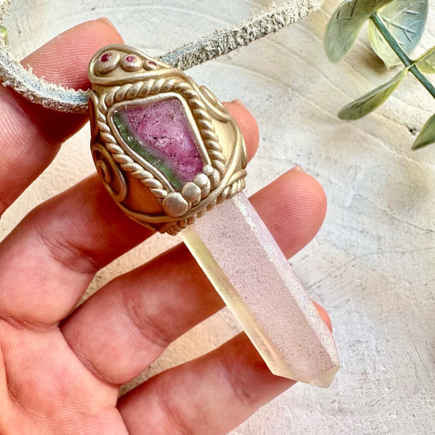 Crystal talisman necklace with angel aura quartz watermelon tourmaline and ruby healing stones