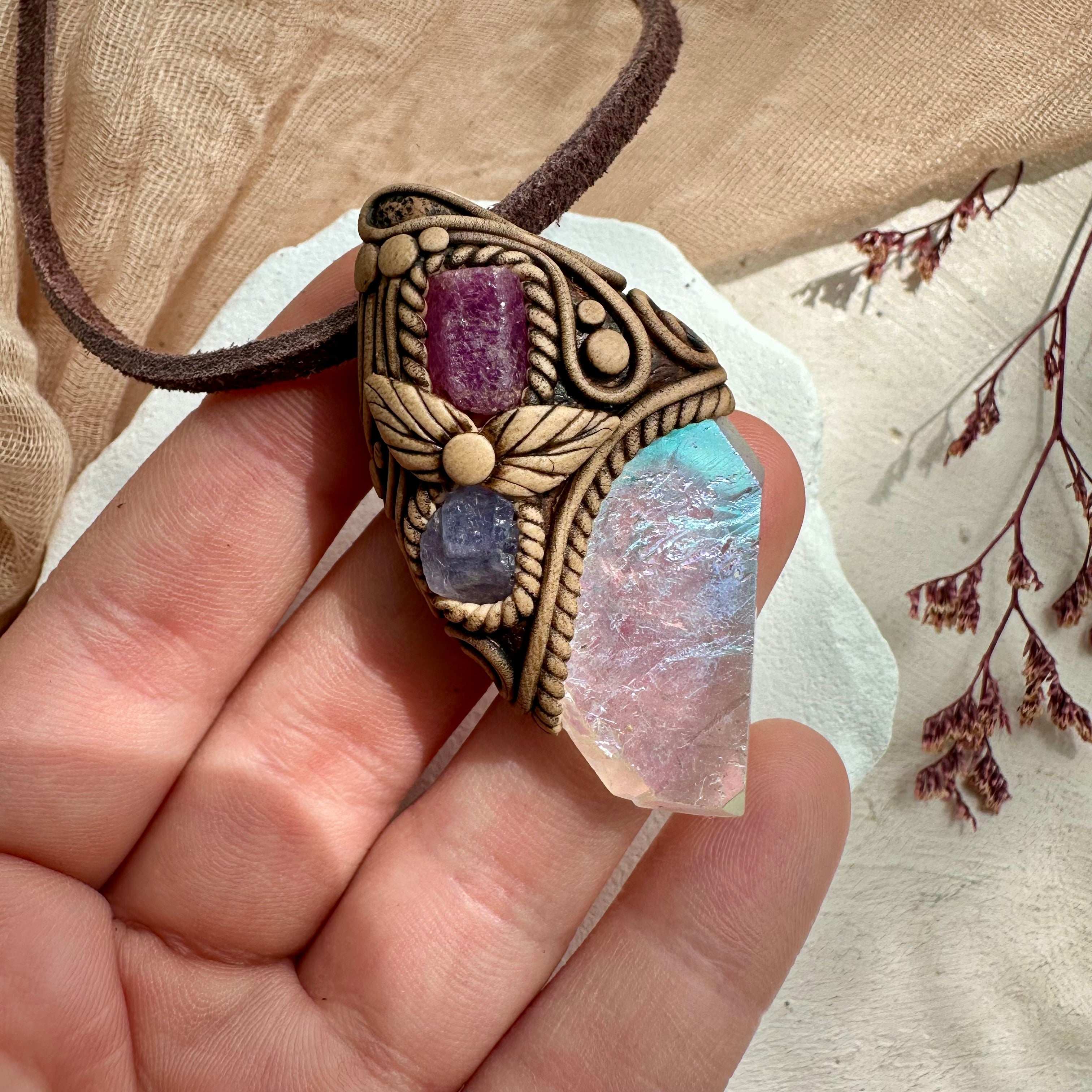 Angel Aura Quartz Ruby and Tanzanite Pendant - FairyGardenGlow