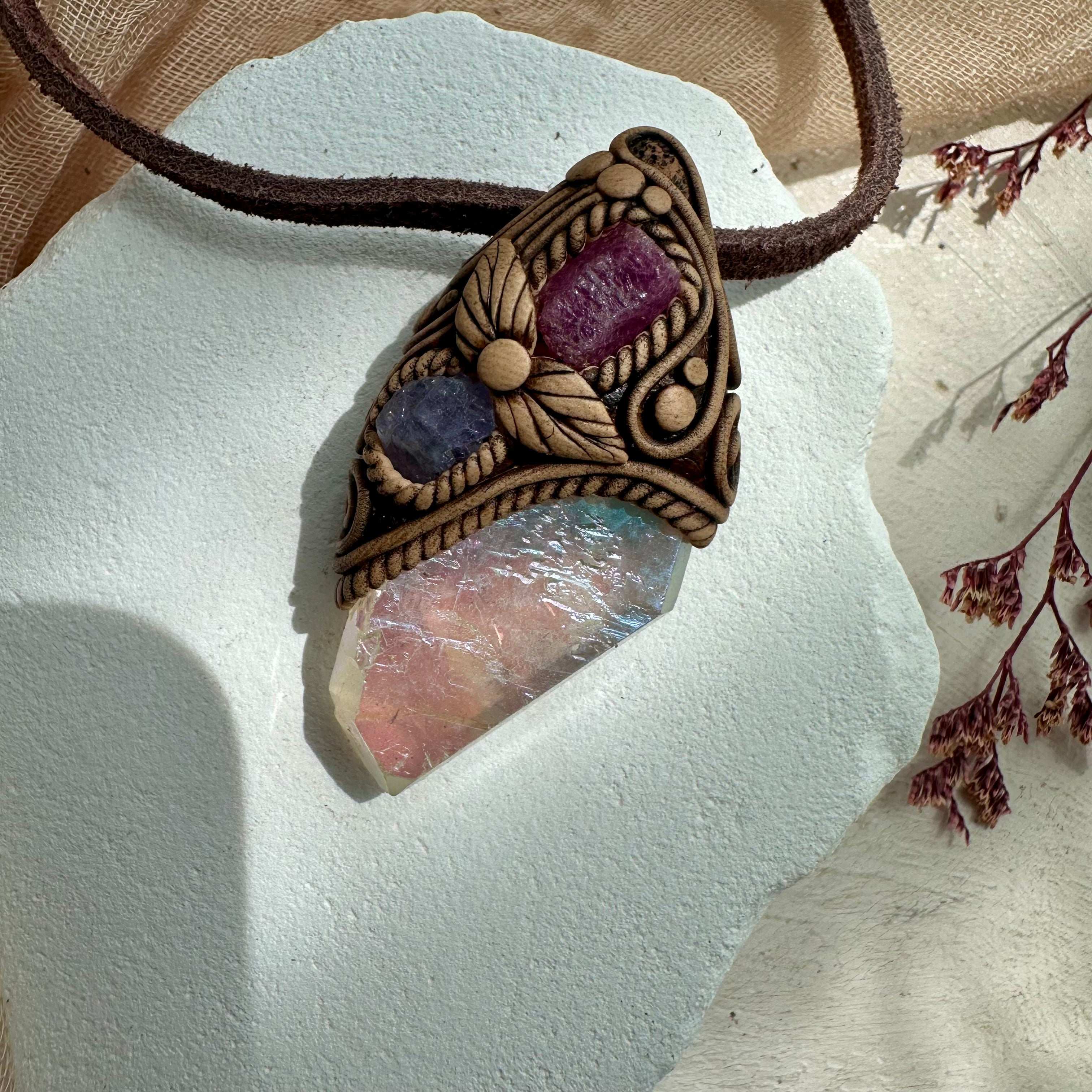 Angel Aura Quartz Ruby and Tanzanite Pendant - FairyGardenGlow