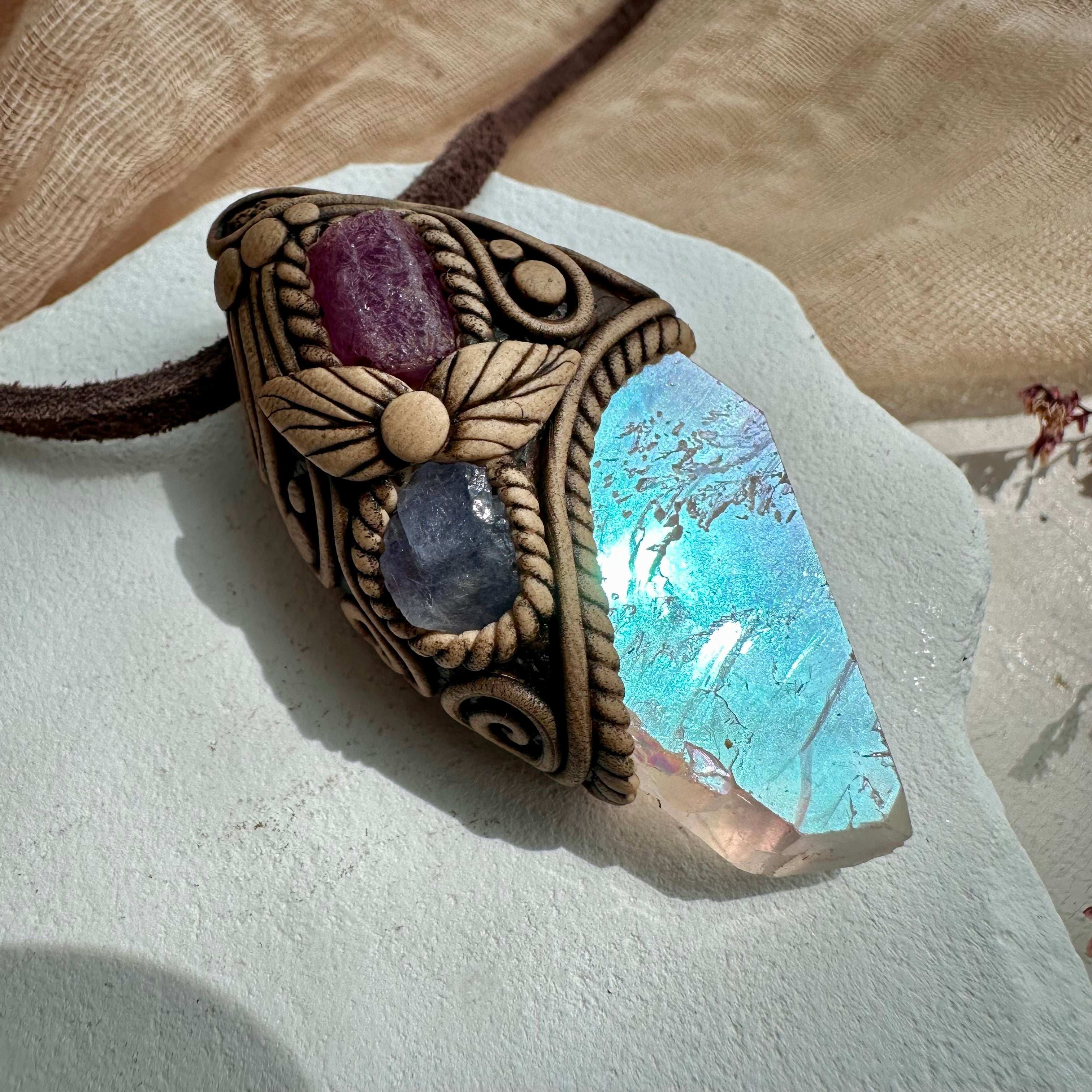Angel Aura Quartz Ruby and Tanzanite Pendant - FairyGardenGlow