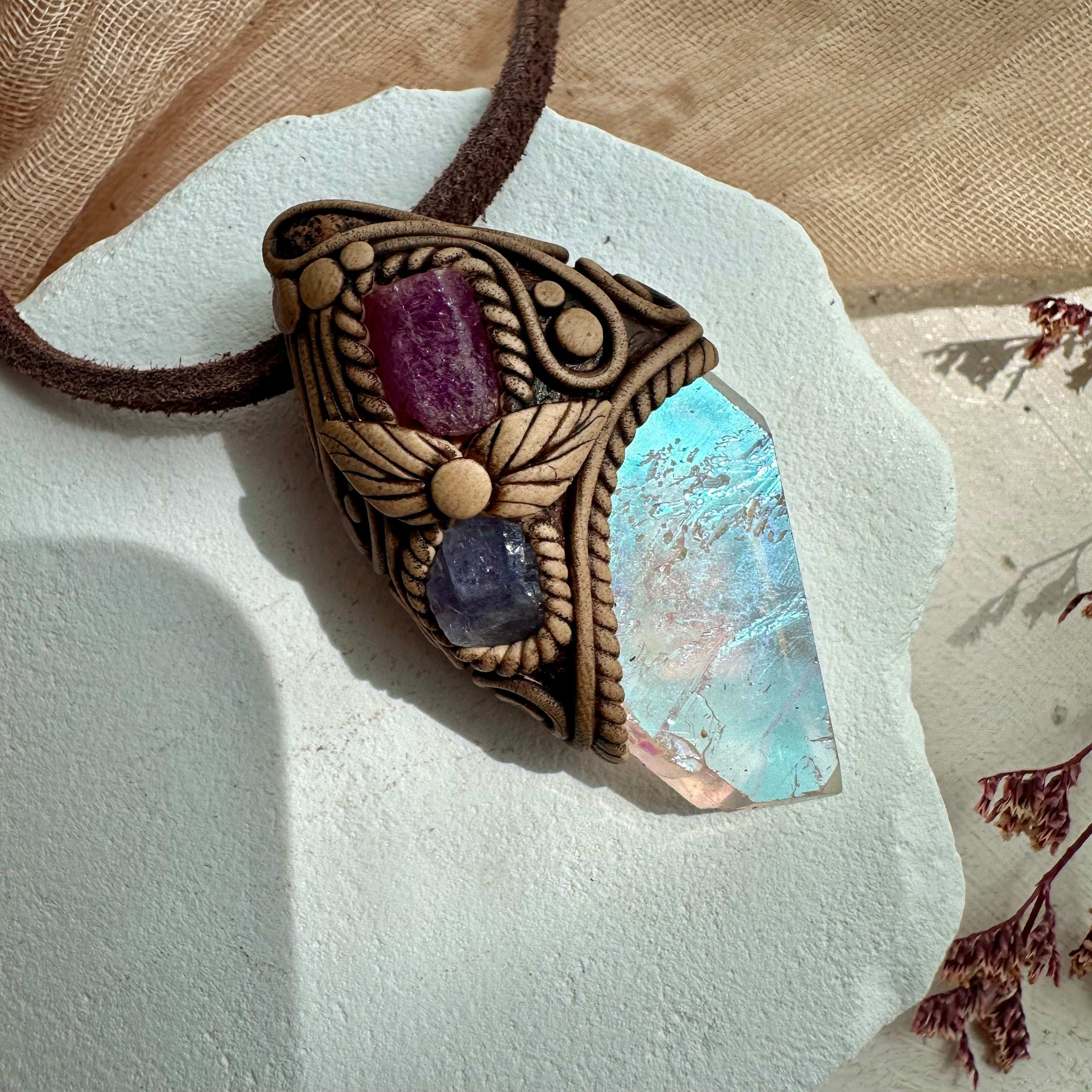 Angel Aura Quartz Ruby and Tanzanite Pendant - FairyGardenGlow