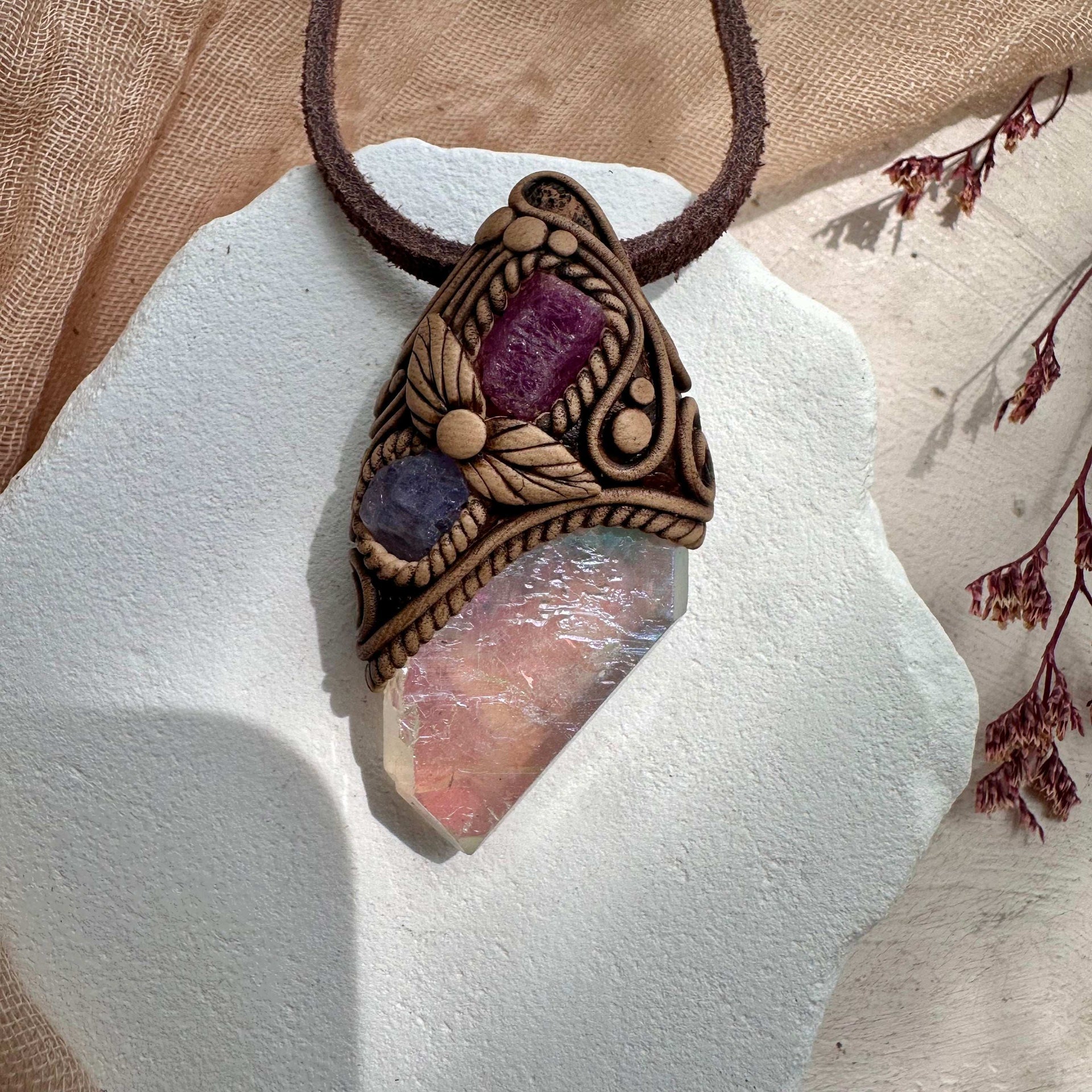 Angel Aura Quartz Ruby and Tanzanite Pendant - FairyGardenGlow