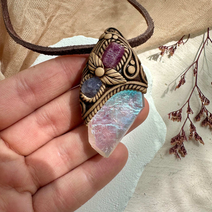 Angel Aura Quartz Ruby and Tanzanite Pendant - FairyGardenGlow