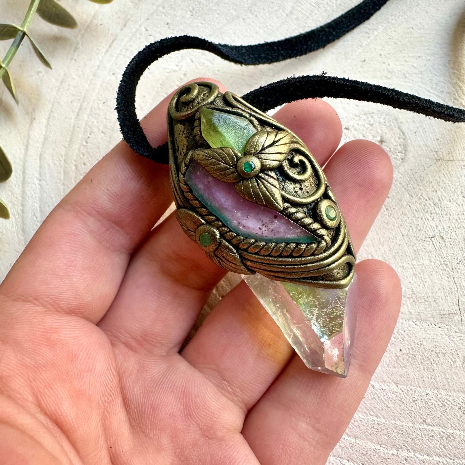 Natural gemstone necklace showcasing Angel Aura Quartz with colorful Tourmaline and Emerald.