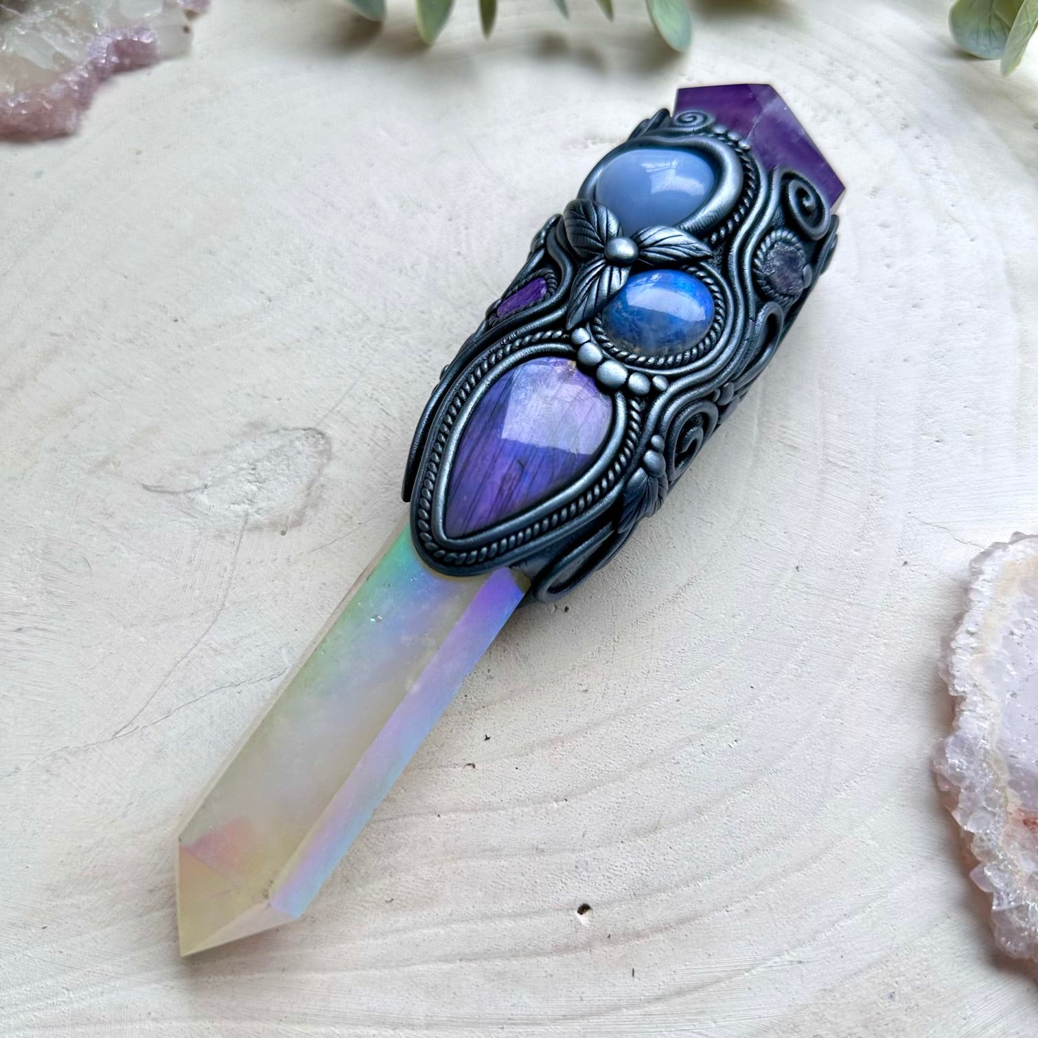 Spiritual crystal wand with blue chalcedony heart and moonstone