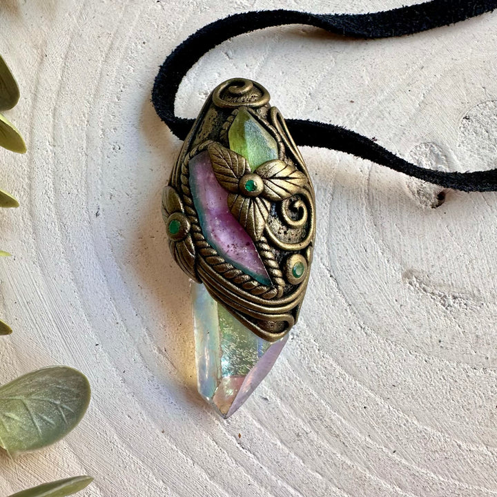 Handmade Angel Aura Quartz pendant necklace featuring Watermelon Tourmaline and Emerald, a one of a kind crystal jewelry piece combining luminous color, natural gemstones and spiritual symbolism.