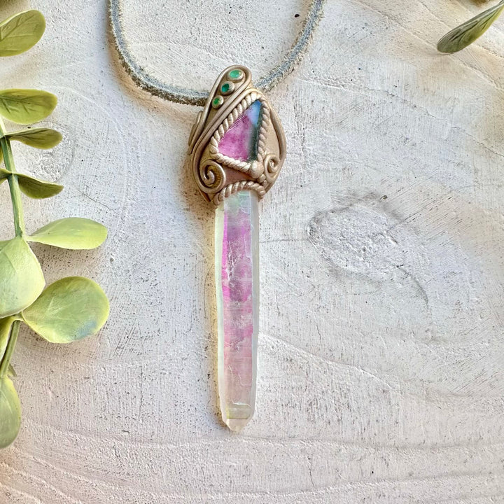 Angel Aura Quartz with Watermelon Tourmaline and Emerald pendant necklace