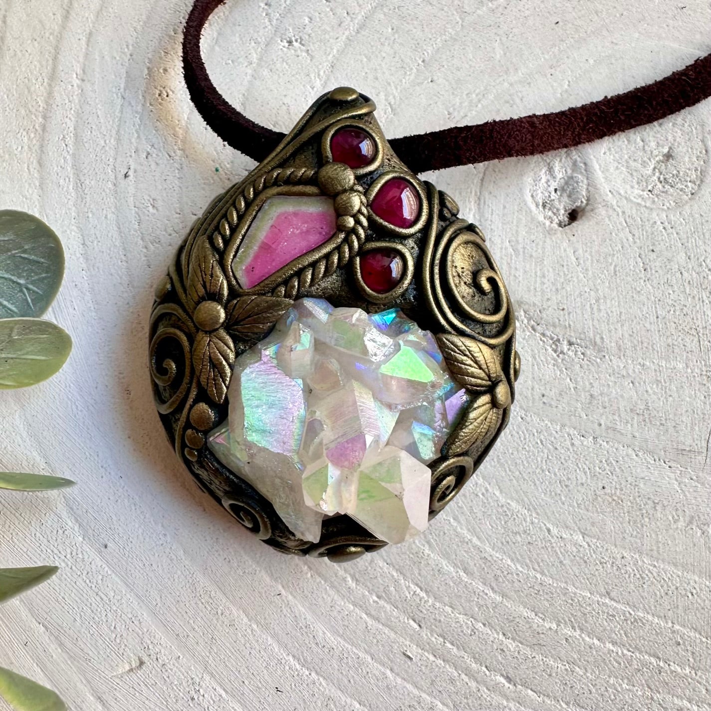 Handmade pendant necklace with an Angel Aura Quartz Cluster, Watermelon Tourmaline and Rhodolite Garnet.