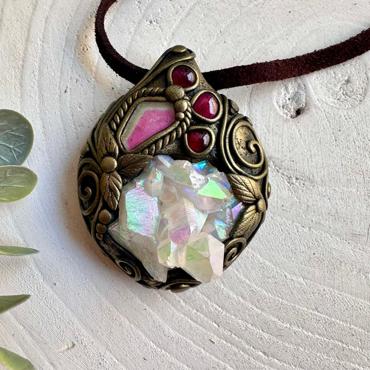 Handmade pendant necklace with an Angel Aura Quartz Cluster, Watermelon Tourmaline and Rhodolite Garnet.