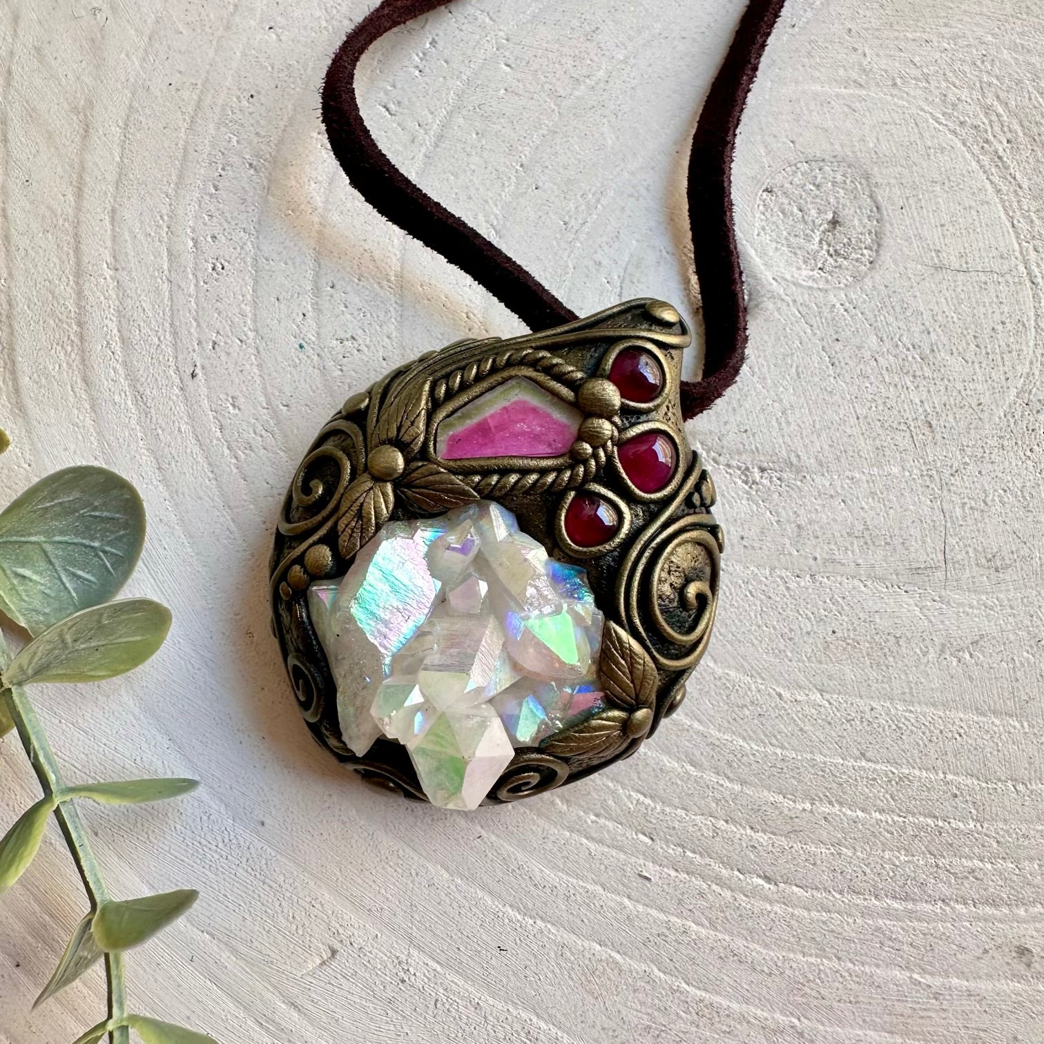 Handmade gemstone pendant with Angel Aura Quartz, Watermelon Tourmaline and Rhodolite Garnet accents.