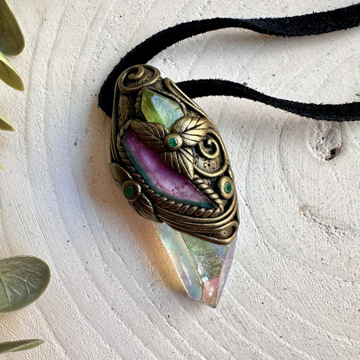 Angel Aura Quartz pendant necklace handcrafted with Watermelon Tourmaline and Emerald natural gemstones.