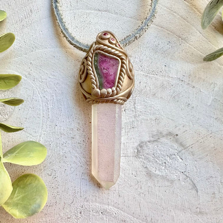 Angel Aura Quartz with Watermelon Tourmaline and Ruby pendant necklace handmade boho crystal jewelry