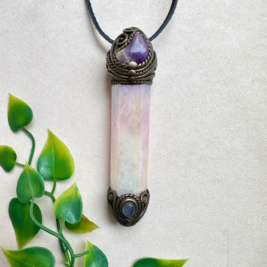 Angel Aura Rose Quartz, Amethyst Moon and Moonstone crystal wand necklace