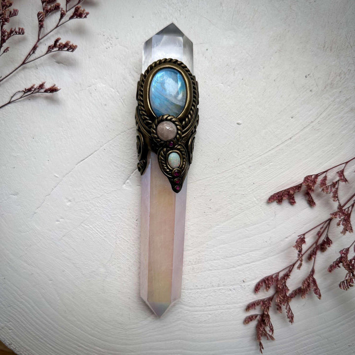 Angel Aura Rose Quartz Wand , Clear Quartz Rainbow Moonstone Morganite Ruby and Australian Opal Wand - FairyGardenGlow