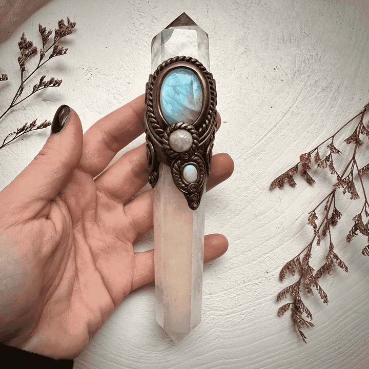 Angel Aura Rose Quartz Wand , Clear Quartz Rainbow Moonstone Morganite Ruby and Australian Opal Wand - FairyGardenGlow