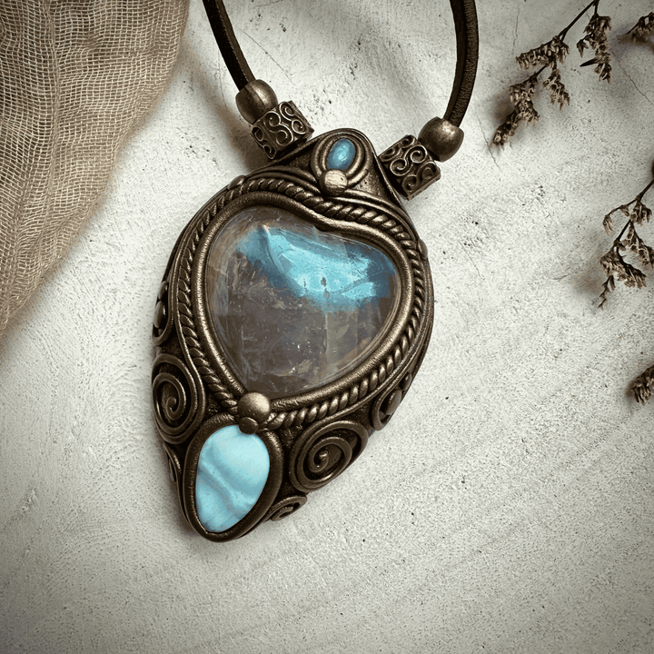 Angel Aura Rose Quartz Heart Larimar and Rainbow Moonstone Necklace - FairyGardenGlow