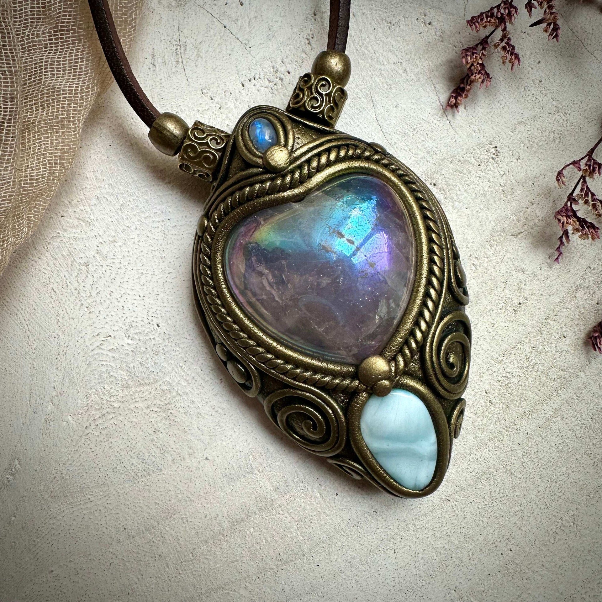 Angel Aura Rose Quartz Heart Larimar and Rainbow Moonstone Necklace - FairyGardenGlow