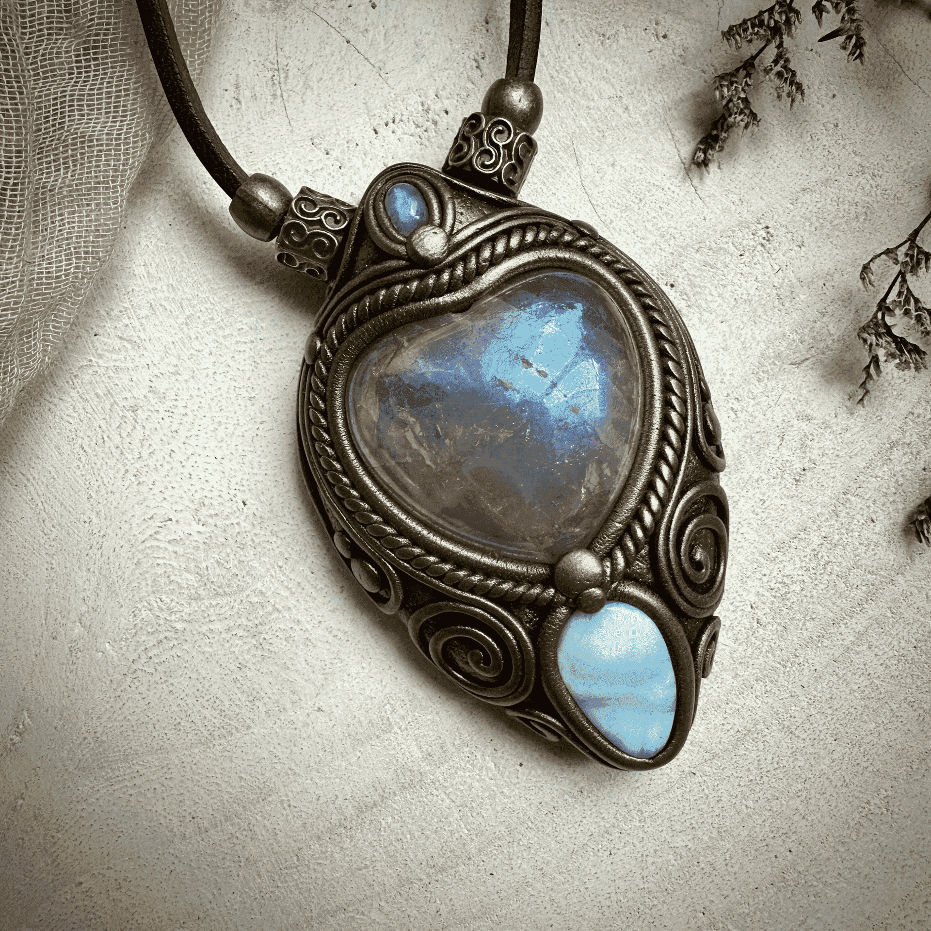 Angel Aura Rose Quartz Heart Larimar and Rainbow Moonstone Necklace - FairyGardenGlow