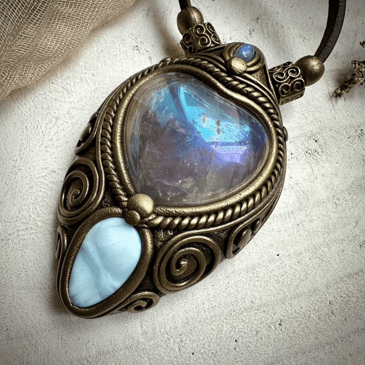 Angel Aura Rose Quartz Heart Larimar and Rainbow Moonstone Necklace - FairyGardenGlow