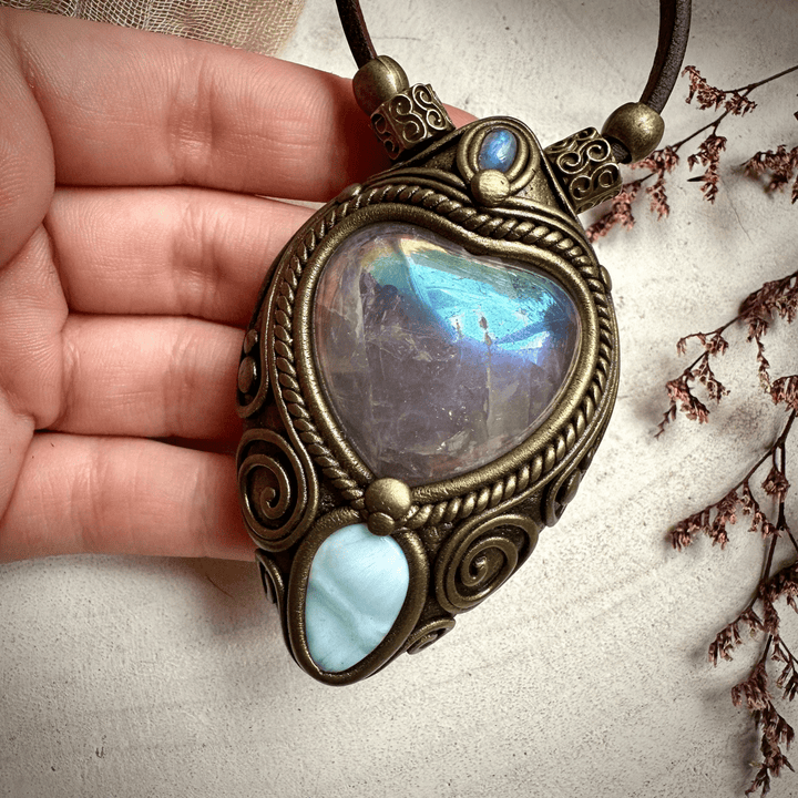 Angel Aura Rose Quartz Heart Larimar and Rainbow Moonstone Necklace - FairyGardenGlow