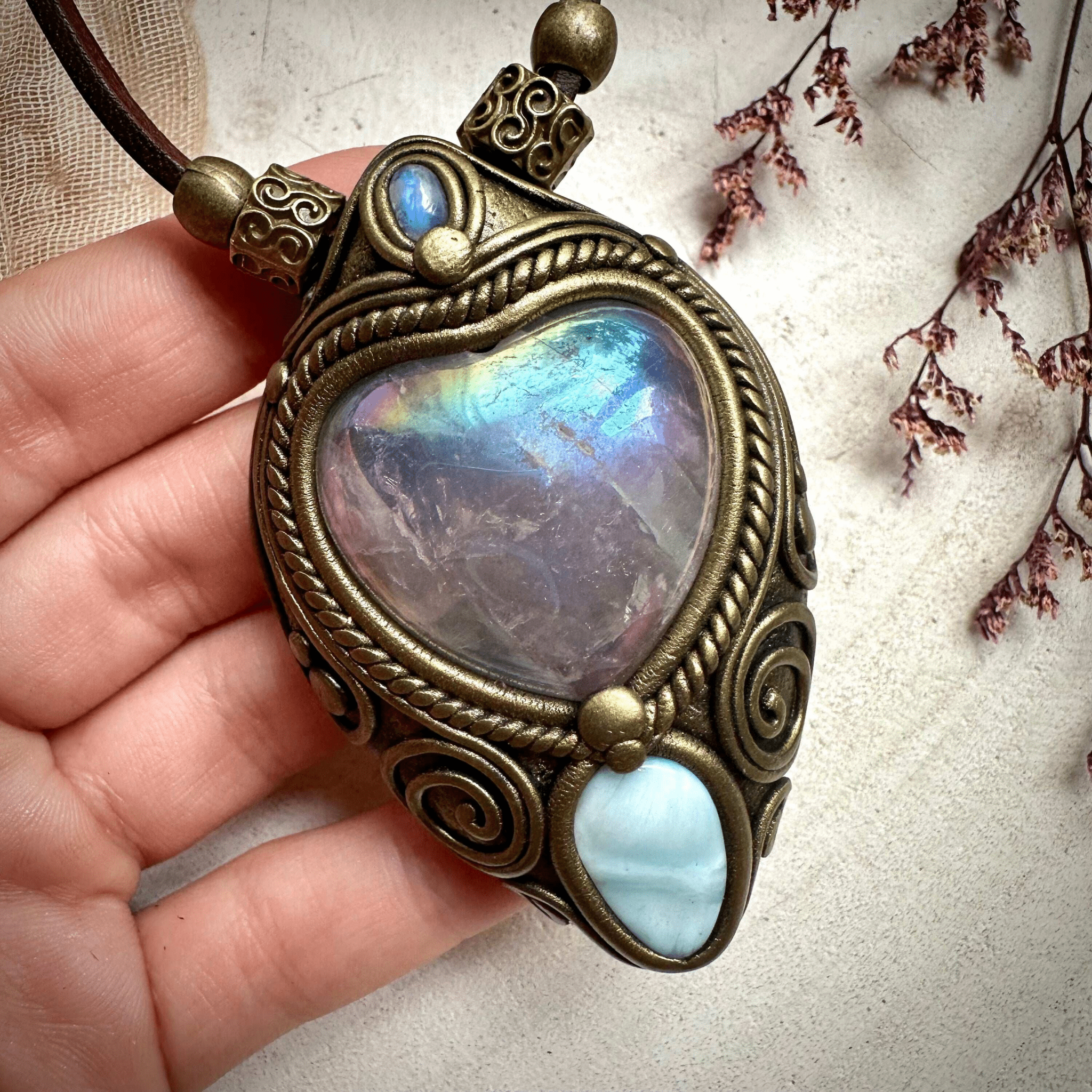 Angel Aura Rose Quartz Heart Larimar and Rainbow Moonstone Necklace - FairyGardenGlow