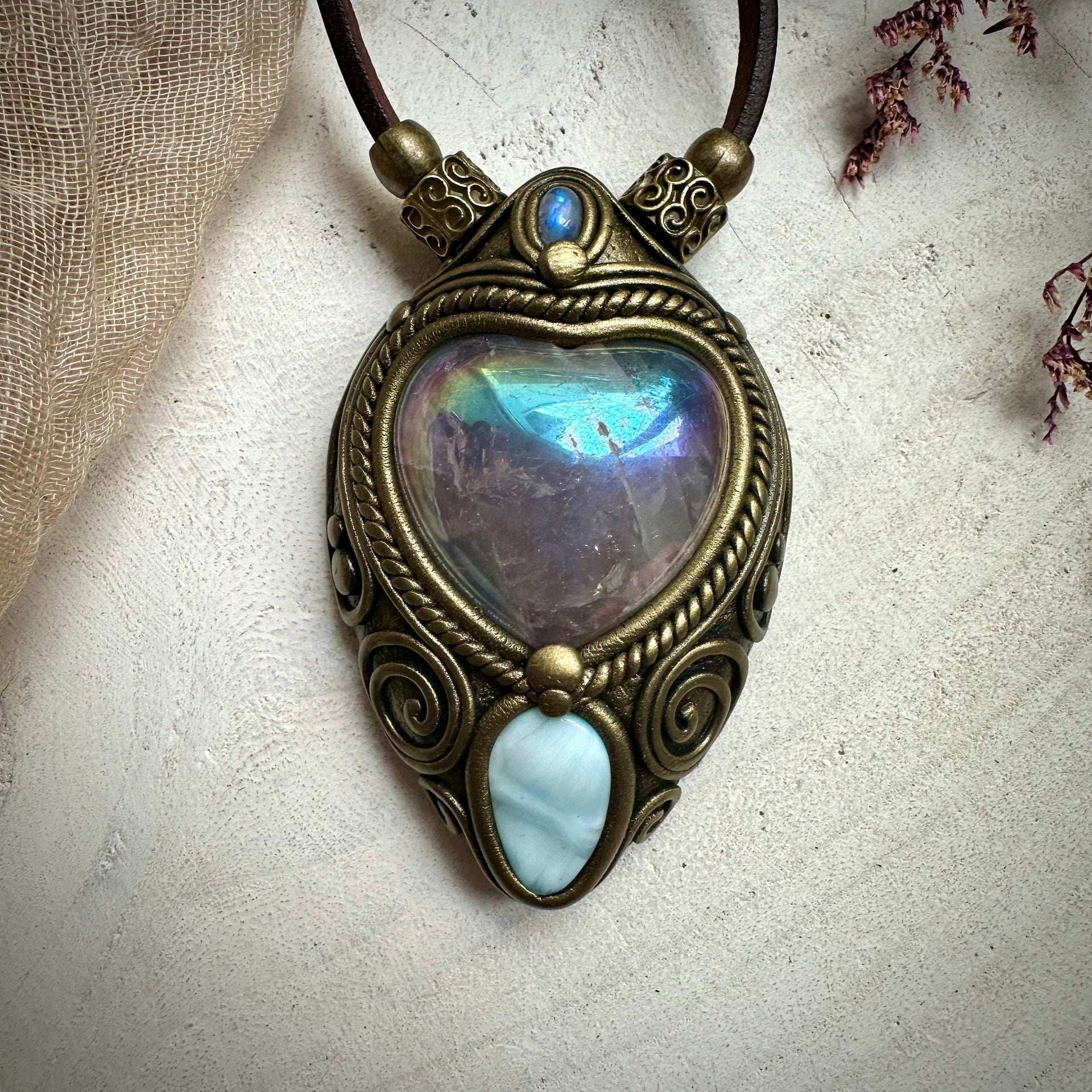 Angel Aura Rose Quartz Heart Larimar and Rainbow Moonstone Necklace - FairyGardenGlow