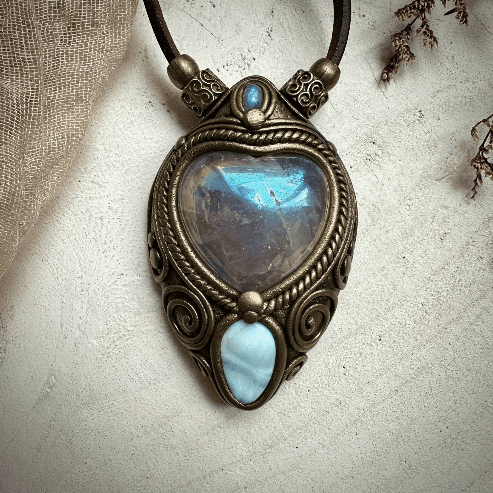 Angel Aura Rose Quartz Heart Larimar and Rainbow Moonstone Necklace - FairyGardenGlow