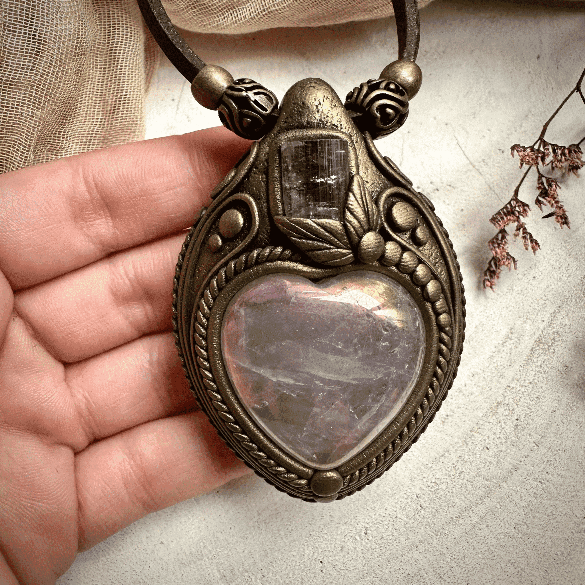 Angel Aura Rose Quartz Heart and Light Pink Tourmaline Necklace - FairyGardenGlow