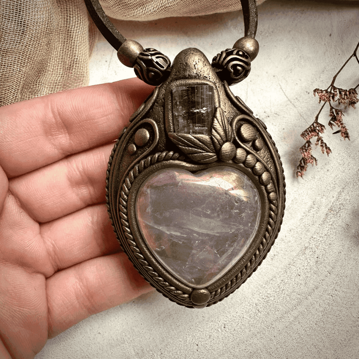 Angel Aura Rose Quartz Heart and Light Pink Tourmaline Necklace - FairyGardenGlow