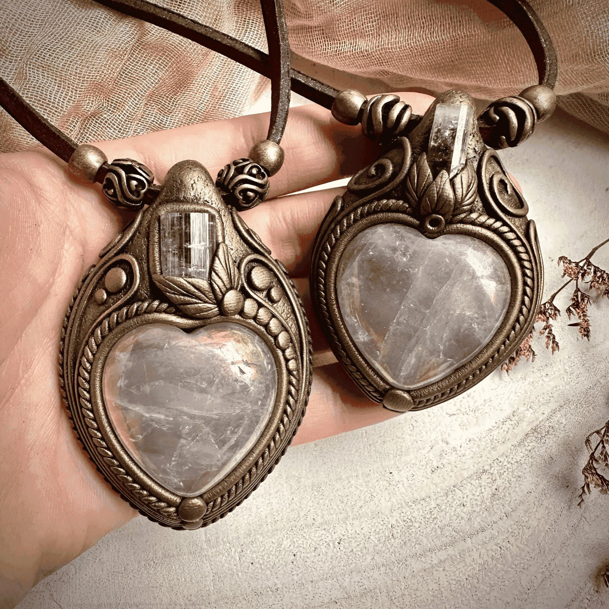 Angel Aura Rose Quartz Heart and Light Pink Tourmaline Necklace - FairyGardenGlow