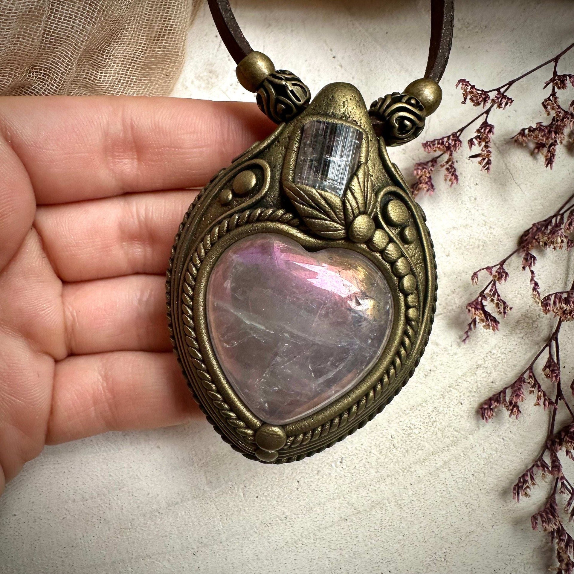 Angel Aura Rose Quartz Heart and Light Pink Tourmaline Necklace - FairyGardenGlow