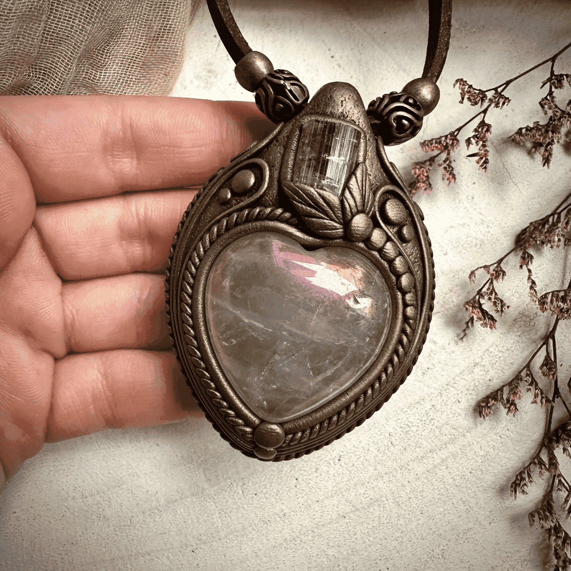 Angel Aura Rose Quartz Heart and Light Pink Tourmaline Necklace - FairyGardenGlow