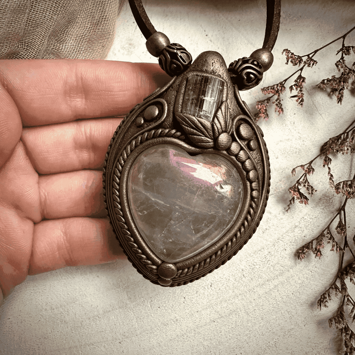 Angel Aura Rose Quartz Heart and Light Pink Tourmaline Necklace - FairyGardenGlow