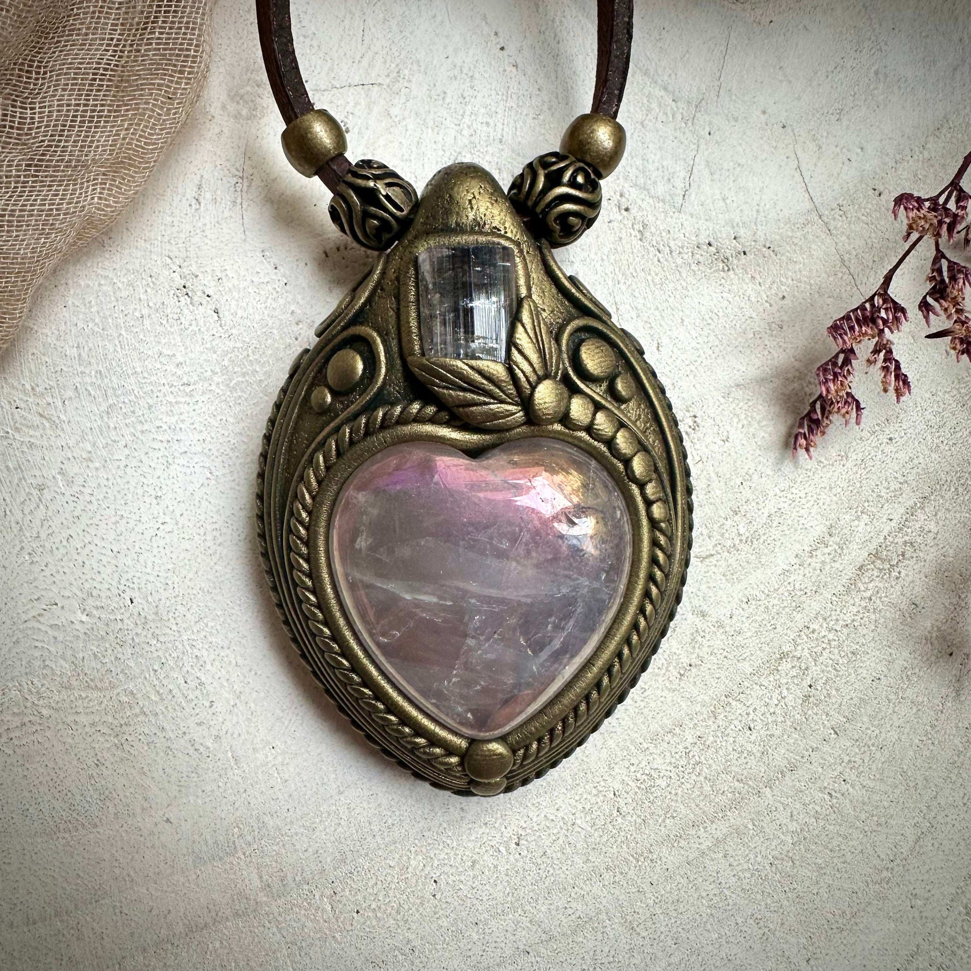 Angel Aura Rose Quartz Heart and Light Pink Tourmaline Necklace - FairyGardenGlow