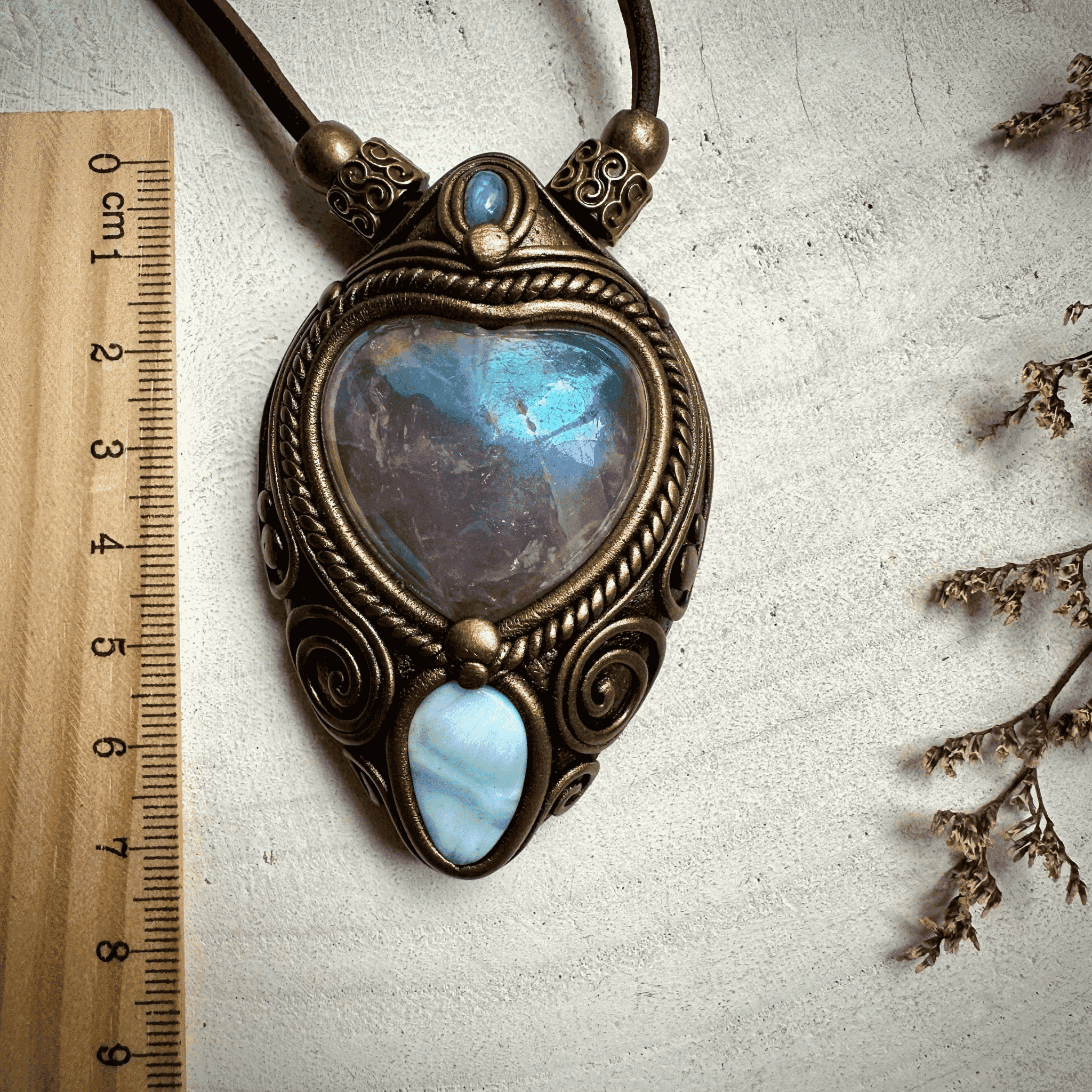 Angel Aura Rose Quartz Heart Larimar and Rainbow Moonstone Necklace - FairyGardenGlow