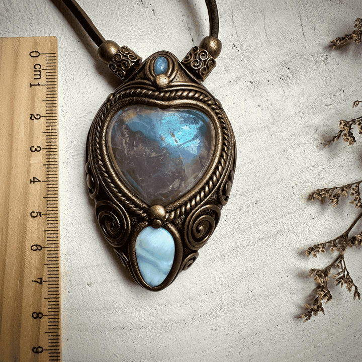 Angel Aura Rose Quartz Heart Larimar and Rainbow Moonstone Necklace - FairyGardenGlow