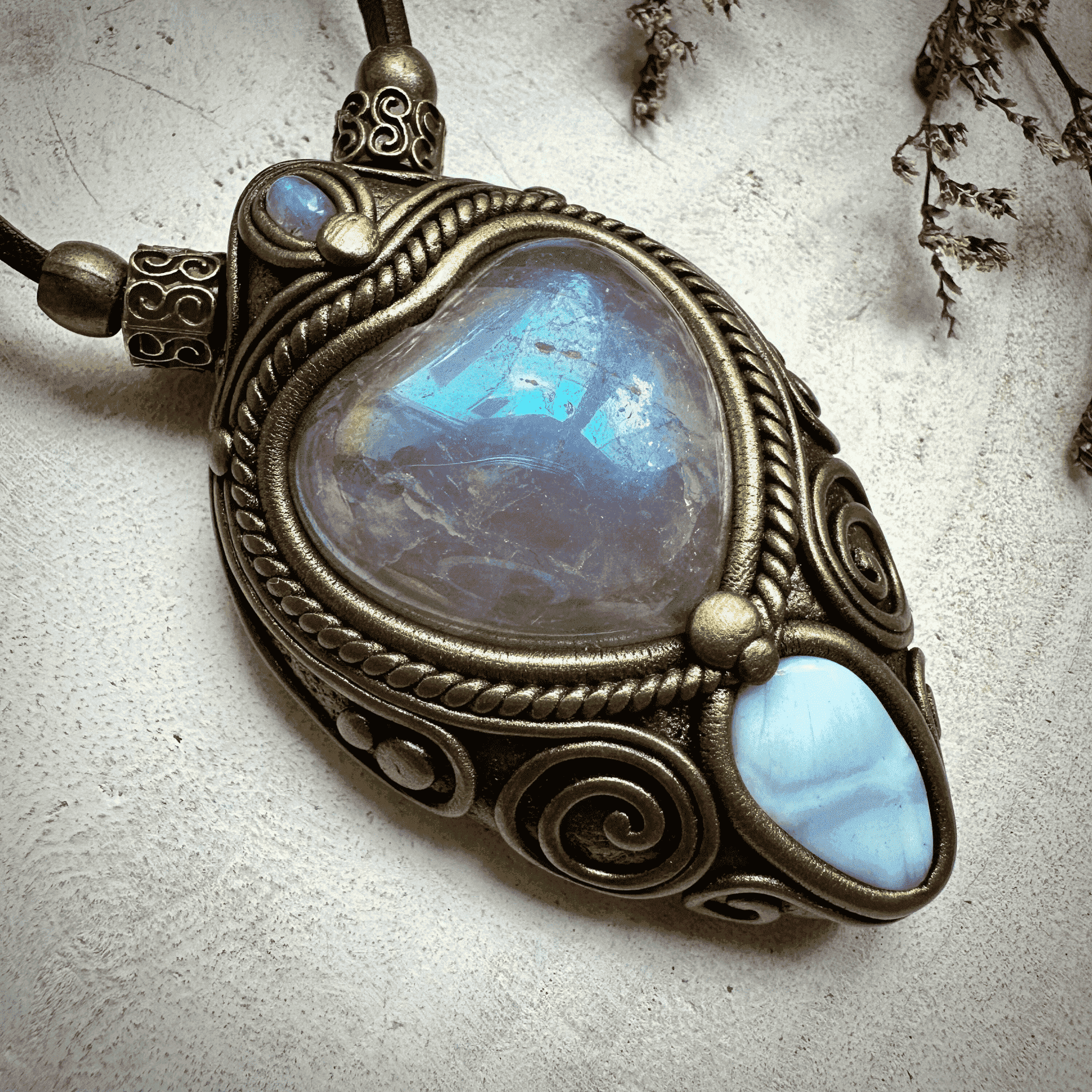 Angel Aura Rose Quartz Heart Larimar and Rainbow Moonstone Necklace - FairyGardenGlow