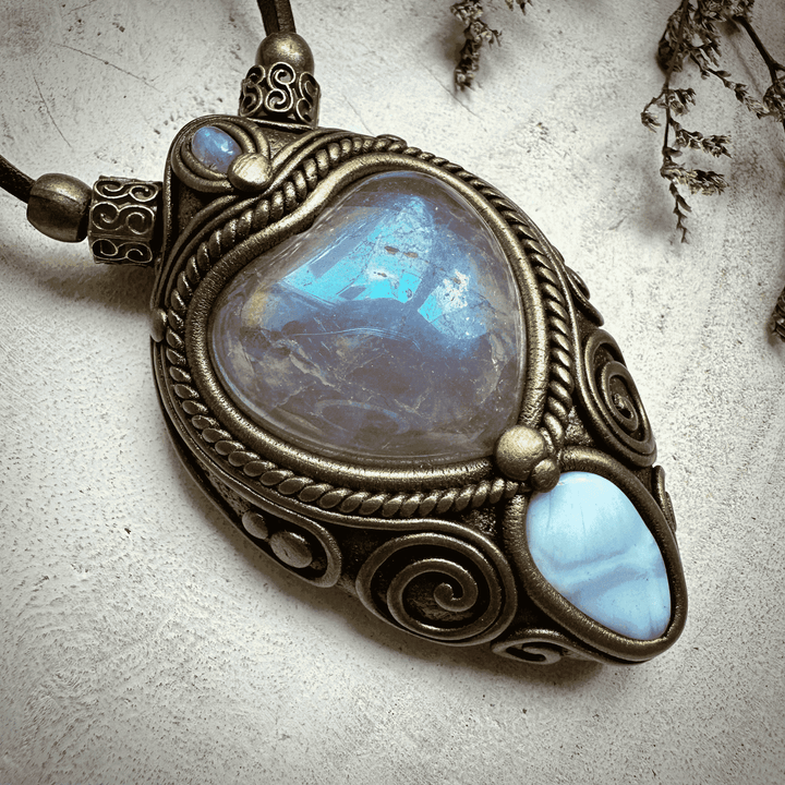 Angel Aura Rose Quartz Heart Larimar and Rainbow Moonstone Necklace - FairyGardenGlow