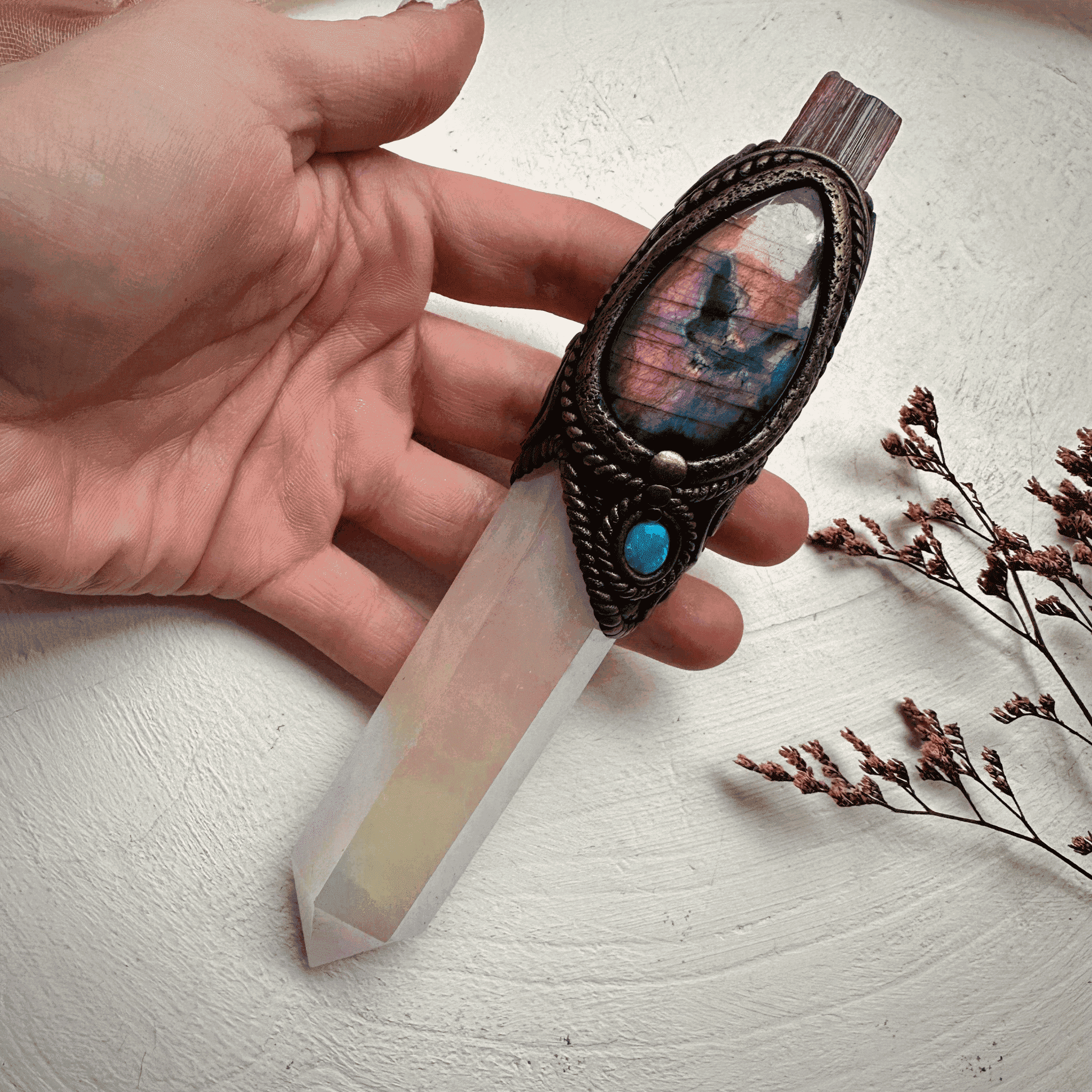 Angel Aura Rose Quartz Labradorite Opal and Bi Color Tourmaline Wand - FairyGardenGlow