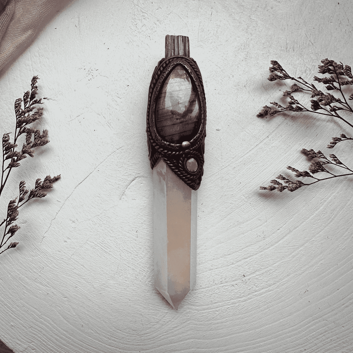 Angel Aura Rose Quartz Labradorite Opal and Bi Color Tourmaline Wand - FairyGardenGlow