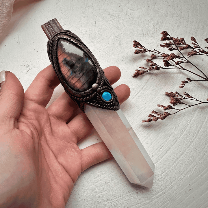 Angel Aura Rose Quartz Labradorite Opal and Bi Color Tourmaline Wand - FairyGardenGlow
