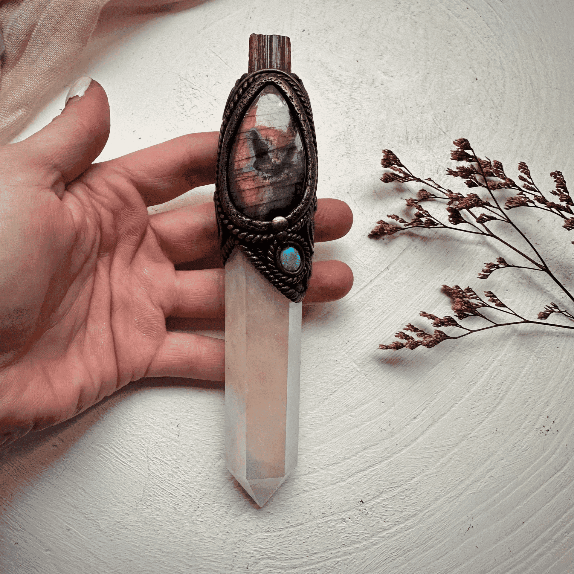 Angel Aura Rose Quartz Labradorite Opal and Bi Color Tourmaline Wand - FairyGardenGlow