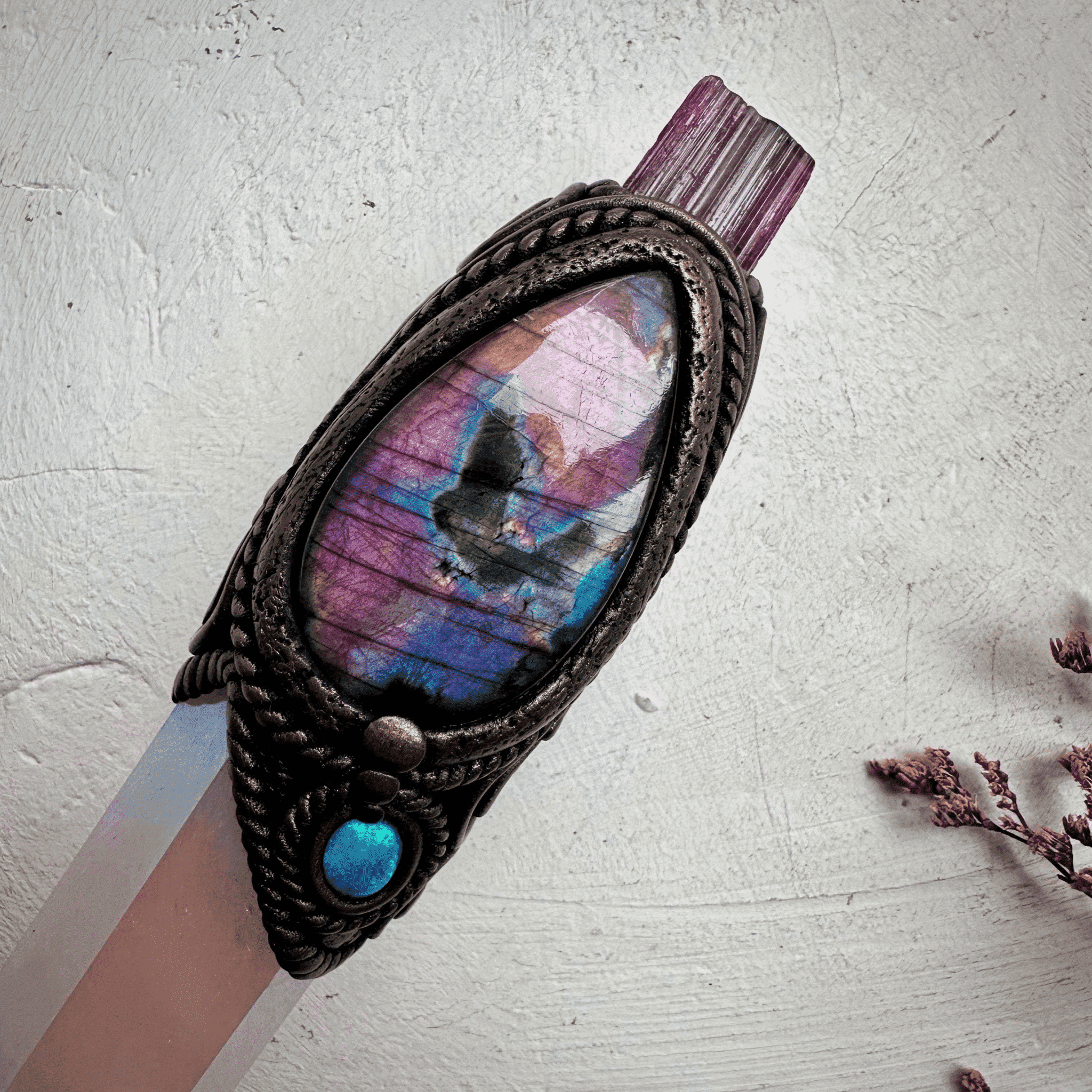 Angel Aura Rose Quartz Labradorite Opal and Bi Color Tourmaline Wand - FairyGardenGlow