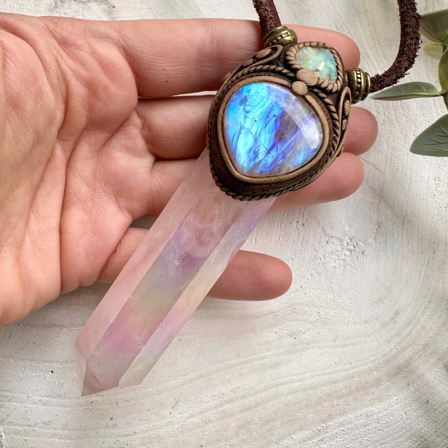Angel Aura Rose Quartz, Rainbow Moonstone and raw Ethiopian Opal crystal wand pendant