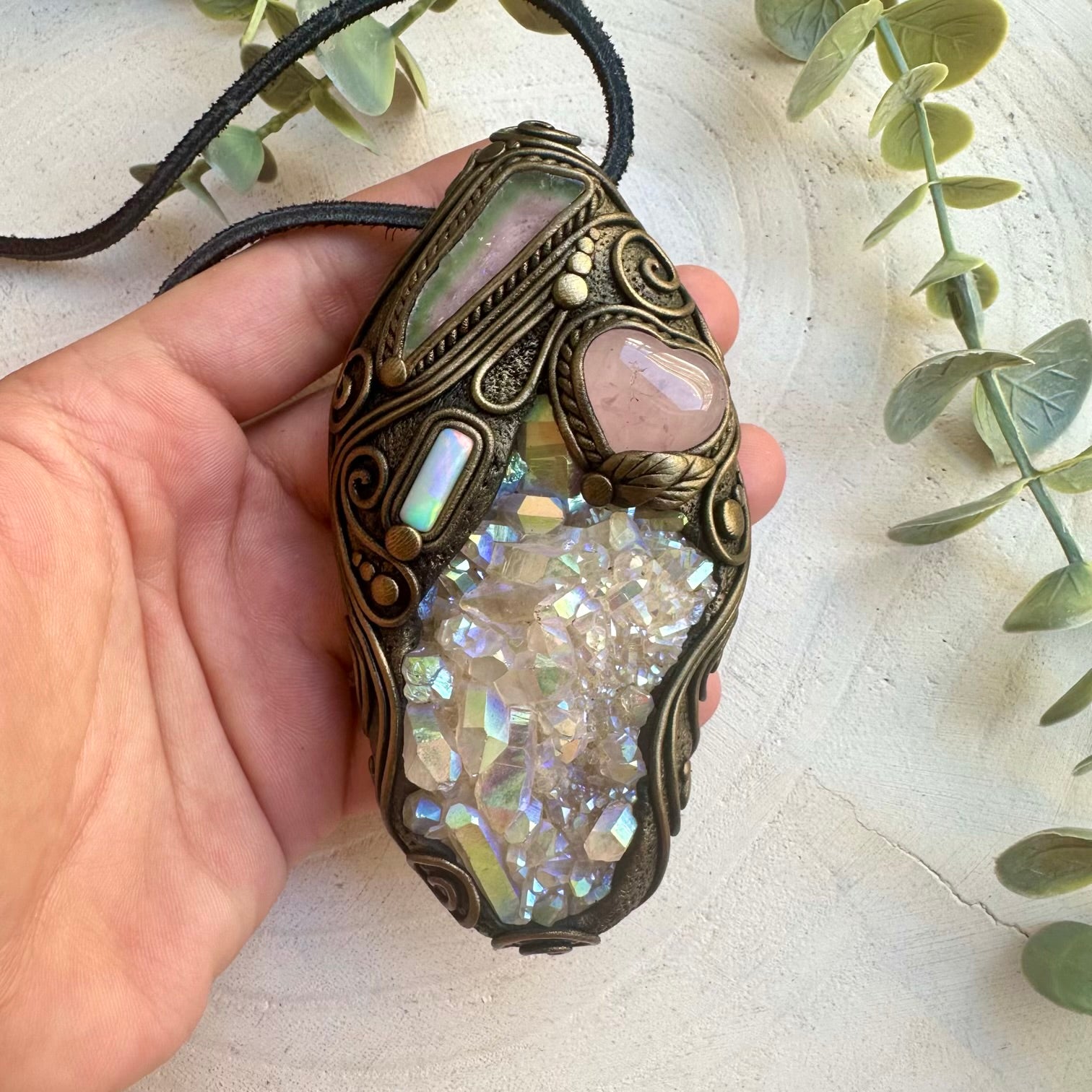 Angel aura quartz cluster with rose quartz heart watermelon tourmaline and Australian opal wand necklace