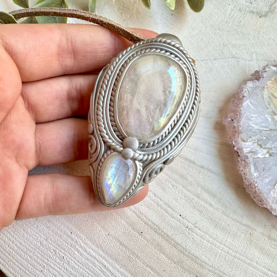 Angel aura rose quartz and rainbow moonstone crystal necklace