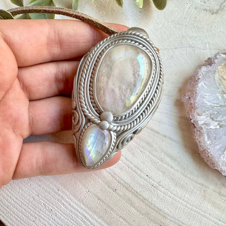 Angel aura rose quartz and rainbow moonstone crystal necklace