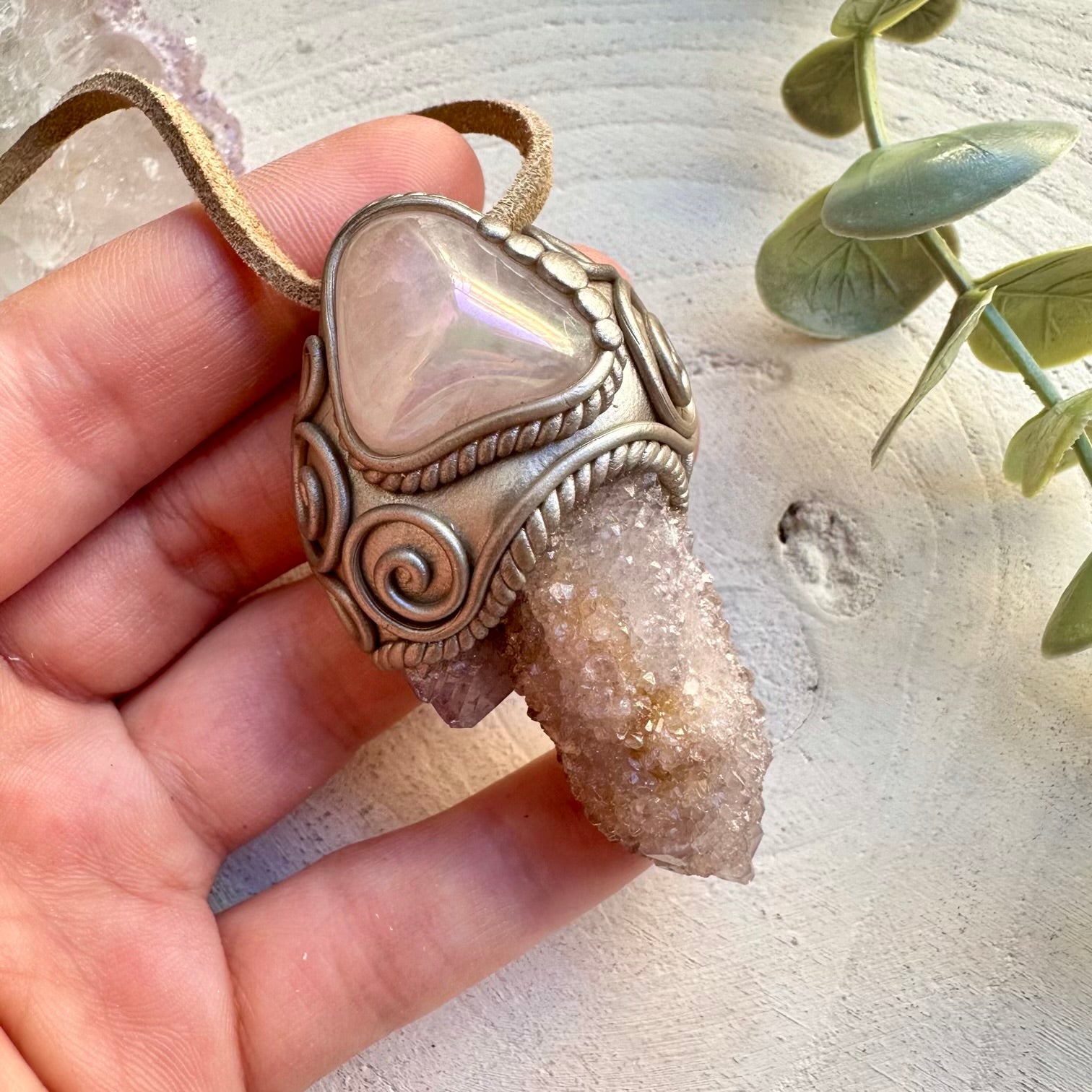 Spirit quartz and angel aura rose quartz pendant necklace