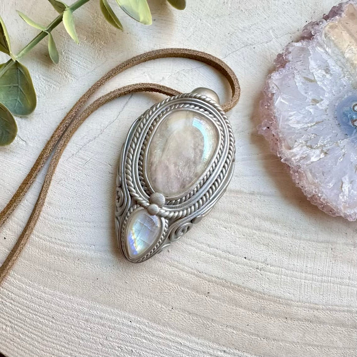 Rose quartz paired with rainbow moonstone in a necklace